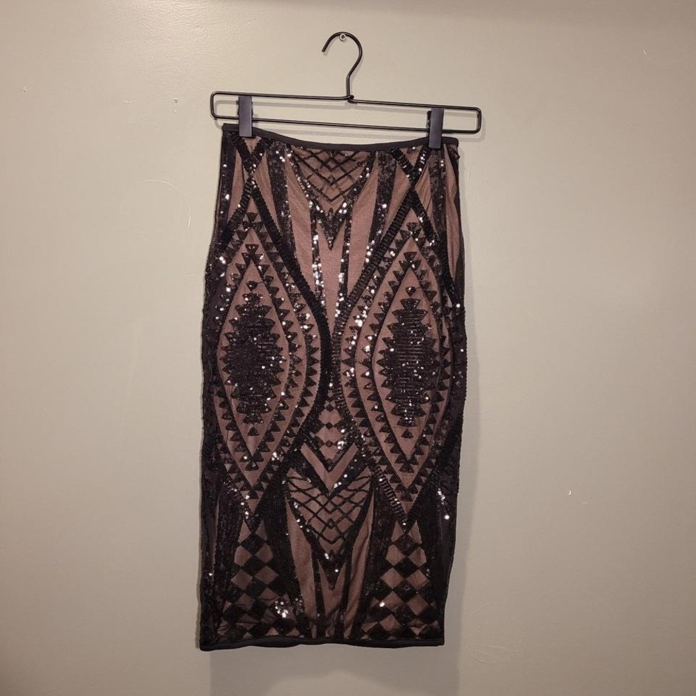Privy Black sequin with nude under slip pencil skirt
